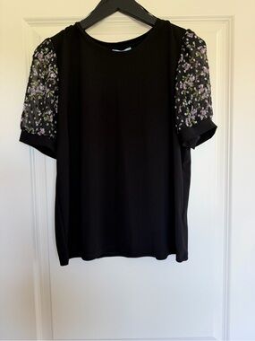 CeCe Black Short Sleeve Top with Floral Puff Sleeves